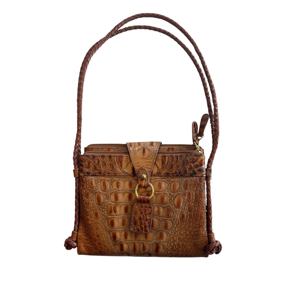🌴 Brahmin Vintage Cognac Brown Croco Embossed Leather Braided Crossbody Bag